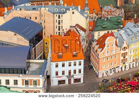 Riga, Latvia - May 05, 2017:  Buildings Of The Old City Riga.  Architecture Of Old Town Of Riga. Rig