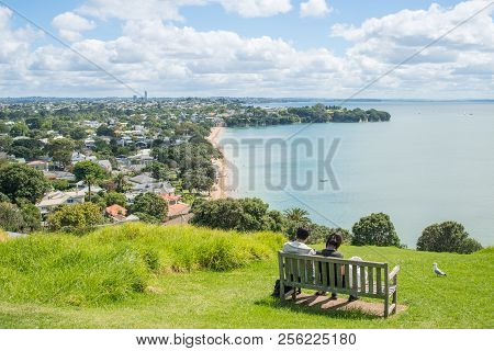 Cheltenham Beach View From The Top Of North Head Volcano In Devonport, North Island, New Zealand.