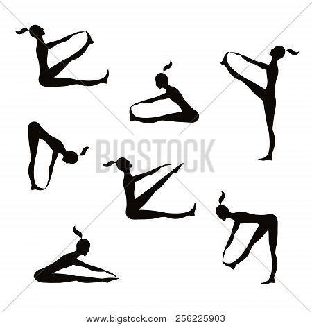 Women Practice Gymnastics. Black Silhouette. Vector Images.