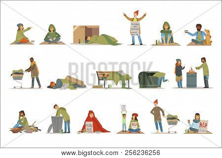 Homeless People Characters Set. Unemployment Men Needing Help Vector Illustrations