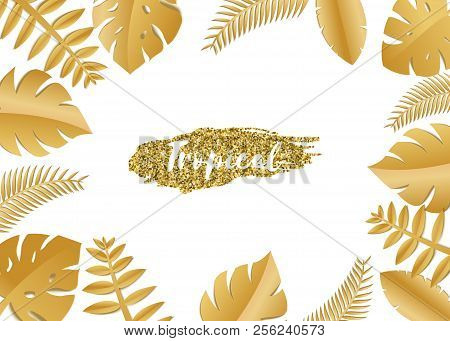 Composition With Luxury Golden Jungle Leaves On White Background In Paper Cut Style. Tropical Gold L