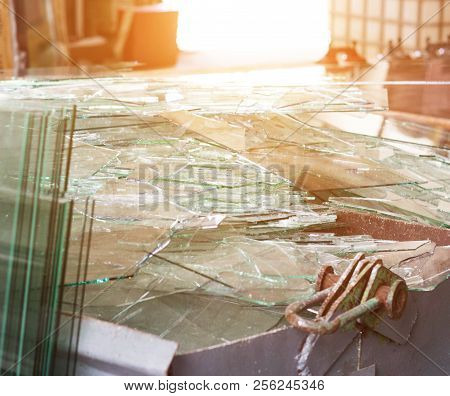 Large Container With Broken Broken Glass, Manufacturing Waste Glass