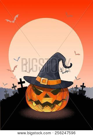 Jack O Lantern The Pumpkin And Witch Hat On Full Moon Blank Space In The Graveyard Background With O