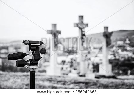 Tripod And Calvary In Nitra City, Slovak Republic. Travel Destination. Photo Trip. Black And White P