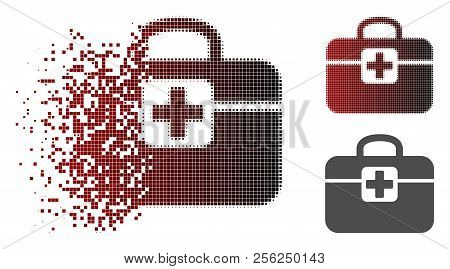 Medkit Icon In Dispersed, Dotted Halftone And Undamaged Whole Versions. Particles Are Grouped Into V