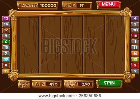 Set Cartoon Wood Assets, Interface And Buttons For Ui Game Slots