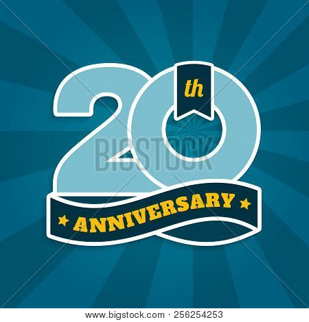 Twenty Years Anniversary With Ribbon, 20th Years Celebration Isolated On Turquoise Sun Rays Backgrou