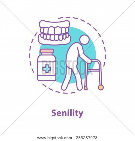 Senility Concept Icon. Elderly Medical Care Idea Thin Line Illustration. Old Man With Walker, Dentur