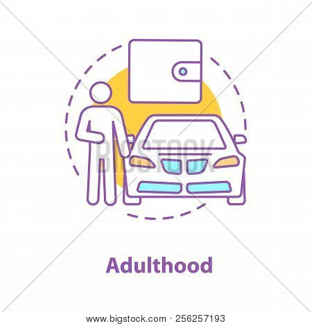 Adulthood Concept Icon. Wealthy Man Idea Thin Line Illustration. Wealth. Successful Person With Car.