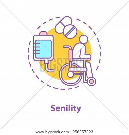 Senility Concept Icon. Disability. Elderly Medical Care Idea. Thin Line Illustration. Old Man In Whe