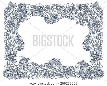 Vintage Vector Lineart Floral Frame In Balinese Style