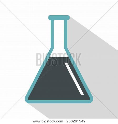 Conical Flask Test Tube With Oil Icon. Flat Illustration Of Conical Flask Test Tube With Oil Icon Fo