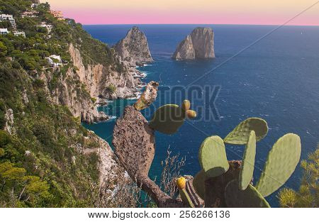Romantic View Of Capri At Sunset In Italy