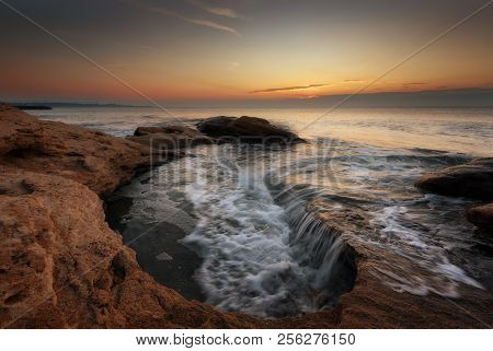 Seascape During Sunrise. Beautiful Natural Seascape. Sea Sunrise At The Black Sea Coast. Magnificent