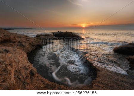 Seascape During Sunrise. Beautiful Natural Seascape. Sea Sunrise At The Black Sea Coast. Magnificent