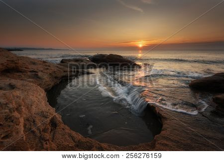 Seascape During Sunrise. Beautiful Natural Seascape. Sea Sunrise At The Black Sea Coast. Magnificent