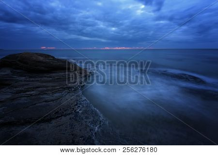 Seascape During Sunrise. Beautiful Natural Seascape, Blue Hour. Sea Sunrise At The Black Sea Coast. 