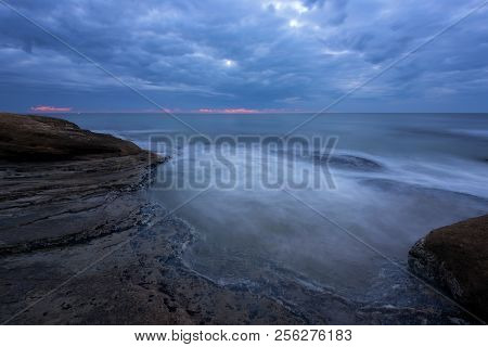 Seascape During Sunrise. Beautiful Natural Seascape, Blue Hour. Sea Sunrise At The Black Sea Coast. 