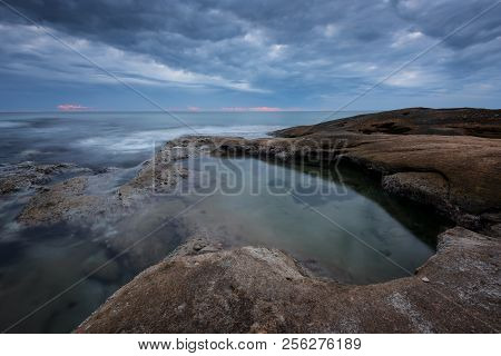 Seascape During Sunrise. Beautiful Natural Seascape, Blue Hour. Sea Sunrise At The Black Sea Coast. 