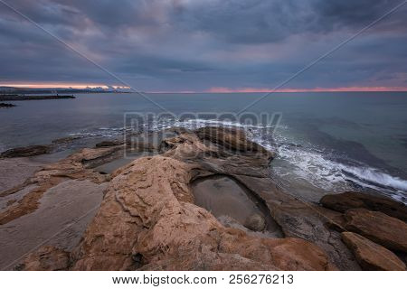 Seascape During Sunrise. Beautiful Natural Seascape, Blue Hour. Sea Sunrise At The Black Sea Coast. 