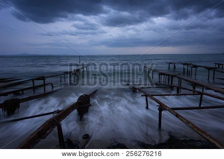 Seascape During Sunset. Beautiful Natural Seascape, Blue Hour. Sea Sunset At The Black Sea Coast. Ma