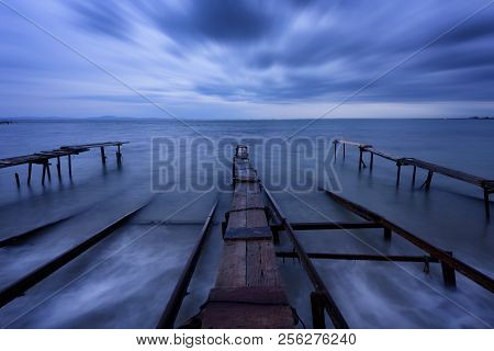 Seascape During Sunset. Beautiful Natural Seascape, Blue Hour. Sea Sunset At The Black Sea Coast. Ma