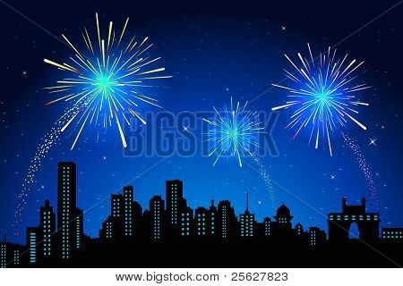 ilustração do modo de exibição de fogos de artifício no céu na paisagem da cidade