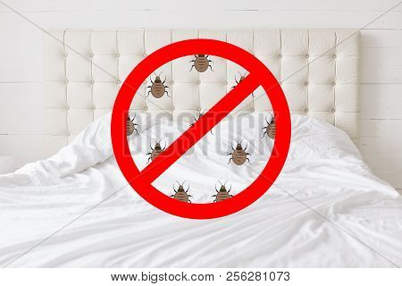 Stop Sign With Insects Against Bed Background. There Should Be Any Bugs In Bedroom. Hotel Room Being