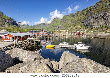 Fishing Bay With Boats And Rorbu In Small Norvegian Village