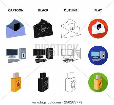 Virus, Monitor, Display, Screen .hackers And Hacking Set Collection Icons In Cartoon, Black, Outline