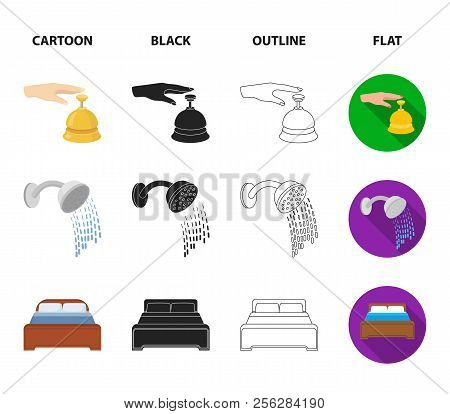 Call At The Reception, Alarm Clock, Bed, Shower.hotel Set Collection Icons In Cartoon, Black, Outlin