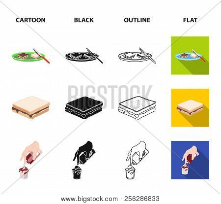 Dessert With Cream, A Sandwich And Other Food. Food Set Collection Icons In Cartoon, Black, Outline,