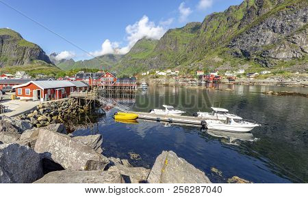 Fishing Bay With Boats And Rorbu In Small Norvegian Village