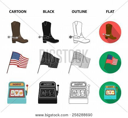 Cowboy Boots, National Flag, Slot Machine, Baseball Bat. Usa Country Set Collection Icons In Cartoon