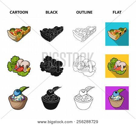 Piece Of Vegetarian Pizza With Tomatoes, Lettuce Leaves With Mushrooms, Blueberry Cake, Vegetarian S