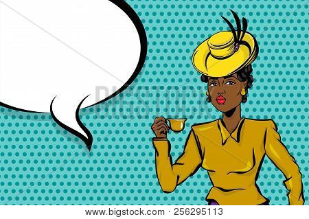 Black Afro Young Woman Pop Art. Elegantly Dressed, In A Beautiful Retro Hat And Fashionable Dress St