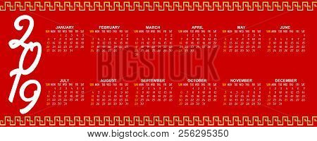 Horizontal Template Chinese New Year Calendar 2019. Week Year Month Date Mockup. Yellow Pig Traditio