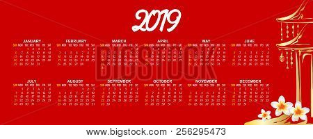 Horizontal Template Chinese New Year Calendar 2019. Week Year Month Date Mockup. Yellow Pig Traditio