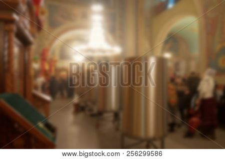 Metal Tanks Of Stainless Steel With Water Installed In The Church During The Night Service At The Ep