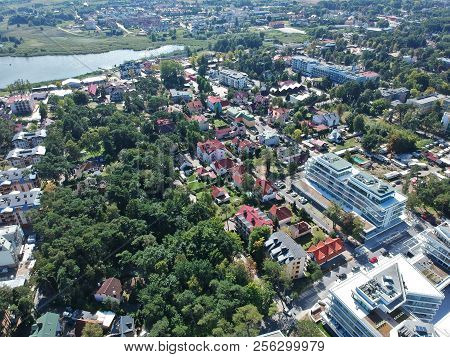 Aerial view on city at lake in Poland