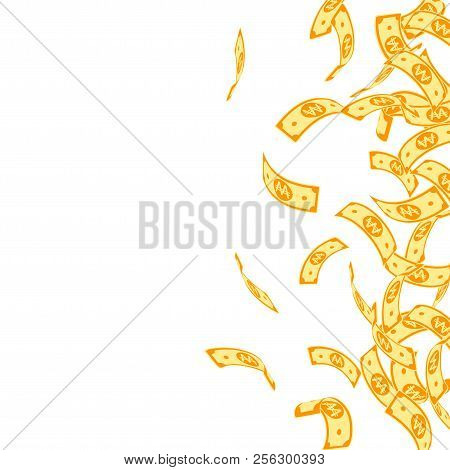 Korean Won Notes Falling. Floating Won Bills On White Background. Korea Money. Decent Vector Illustr