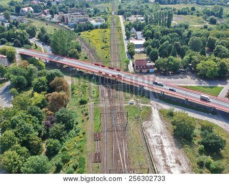 Aerial View On Intersection Of Railroad And Car Road.