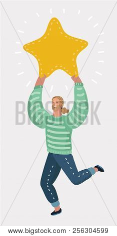 Vector Cartoon Illustration Of Sman Hold A Big Gold Star. Victory, Rating. Human Character On White 