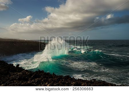 Power Of The Atlantic Ocean. Huge Wave Close To Cliff