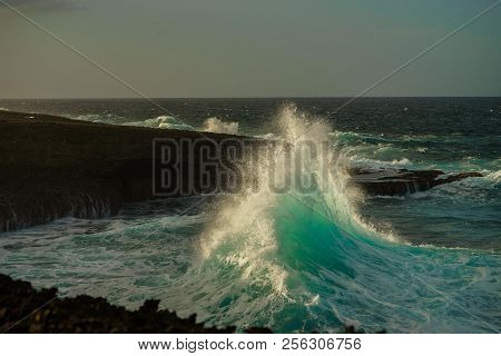 Power Of The Atlantic Ocean. Huge Wave Close To Cliff