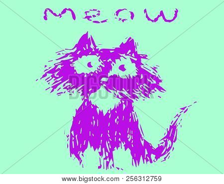Cute Fur Cat Says Meow. Green Background Color. Vector Illustration.