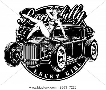Black And White Illistration Of Pin-up Girl With Hot Rod.