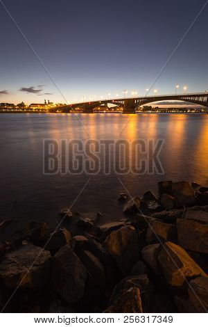 Cityscape Of The German City Of Mainz With Theodor Heuss Bridge Seen From Wiesbaden