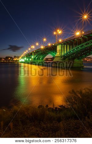 Cityscape Of The German City Of Mainz With Theodor Heuss Bridge Seen From Wiesbaden