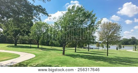Panoramic Beautiful Green Park With Pathway Trail In Coppell, Texas, Usa